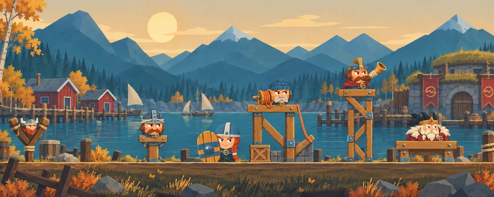 A colourful Nordic harbour with wooden towers, boats and the cast of Furious Vikings.